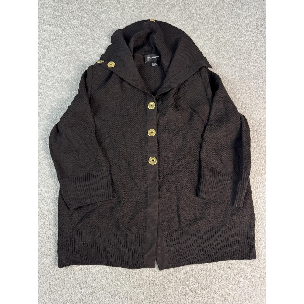 St John Sweater Womens Medium Black Wool Rayon Knit Button Front Collar Cardigan
